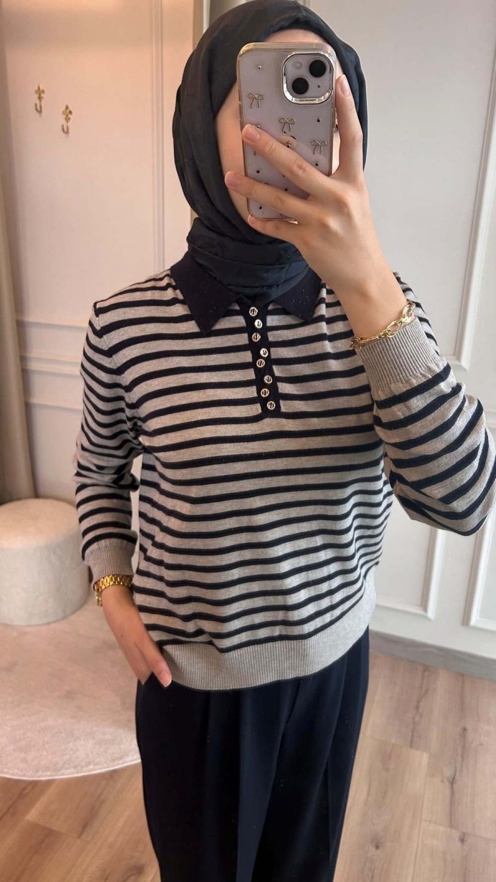 Lacivert Lurex Çizgili Triko