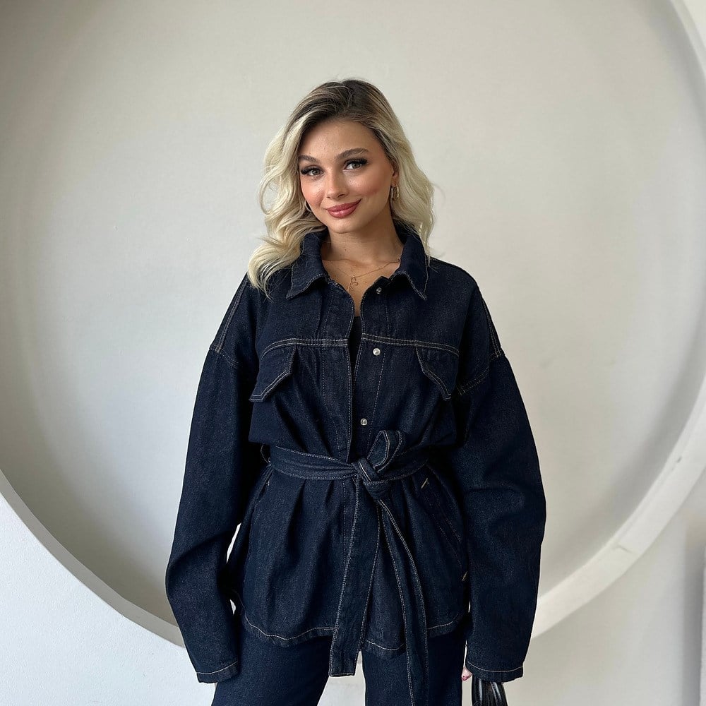 Kuşaklı Oversize Kalıp Çıtçıtlı Ceket-Flare Pantolon Denim Premıum Takım