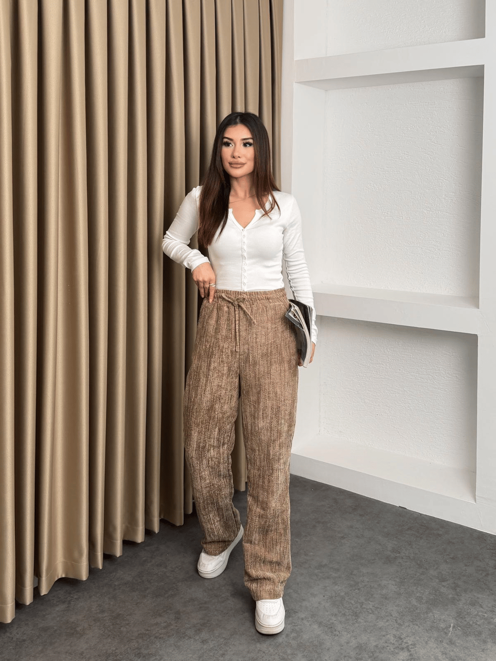 Bel Lastikli Fitilli Kadife Pantolon Açık Kahve