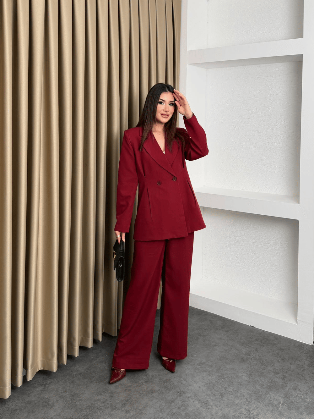 Çift Düğme Blazer Ceket Ve Pantolonlu Takım Bordo