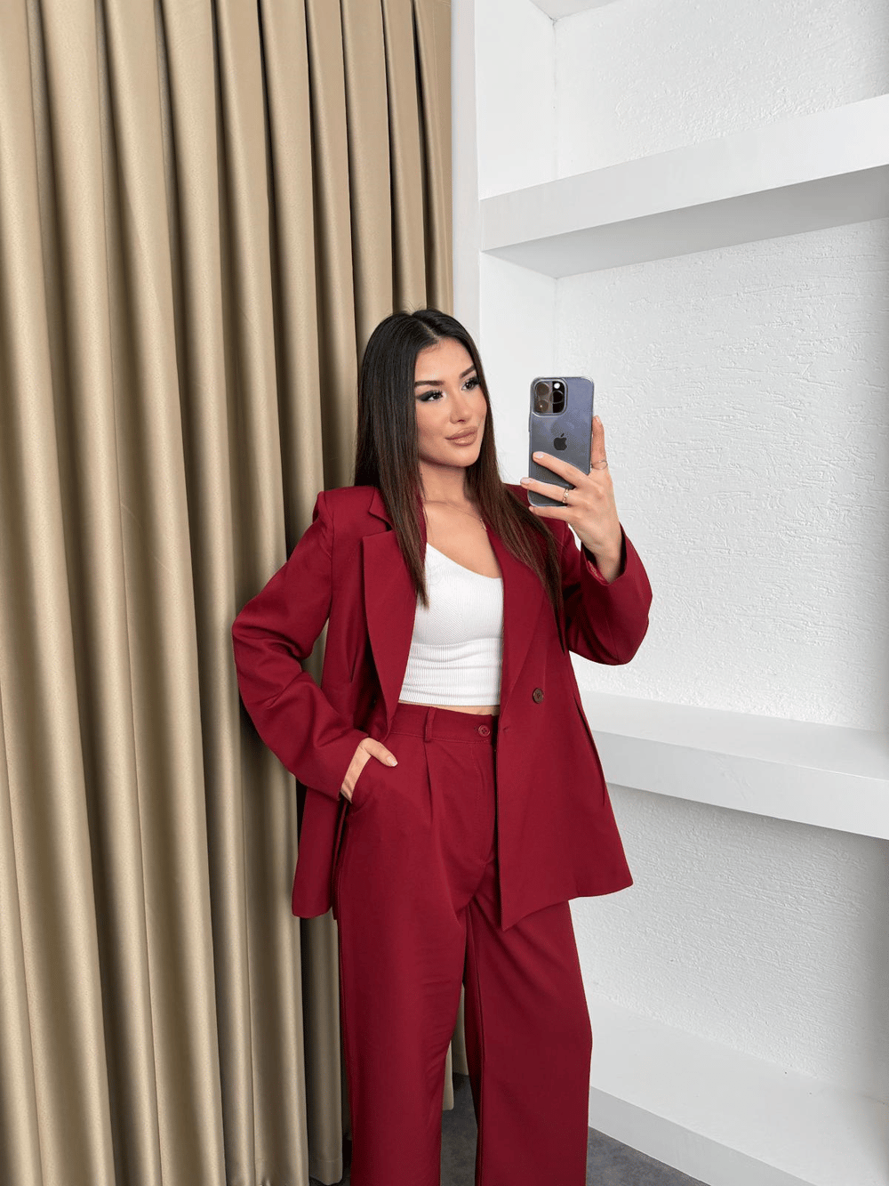 Çift Düğme Blazer Ceket Ve Pantolonlu Takım Bordo
