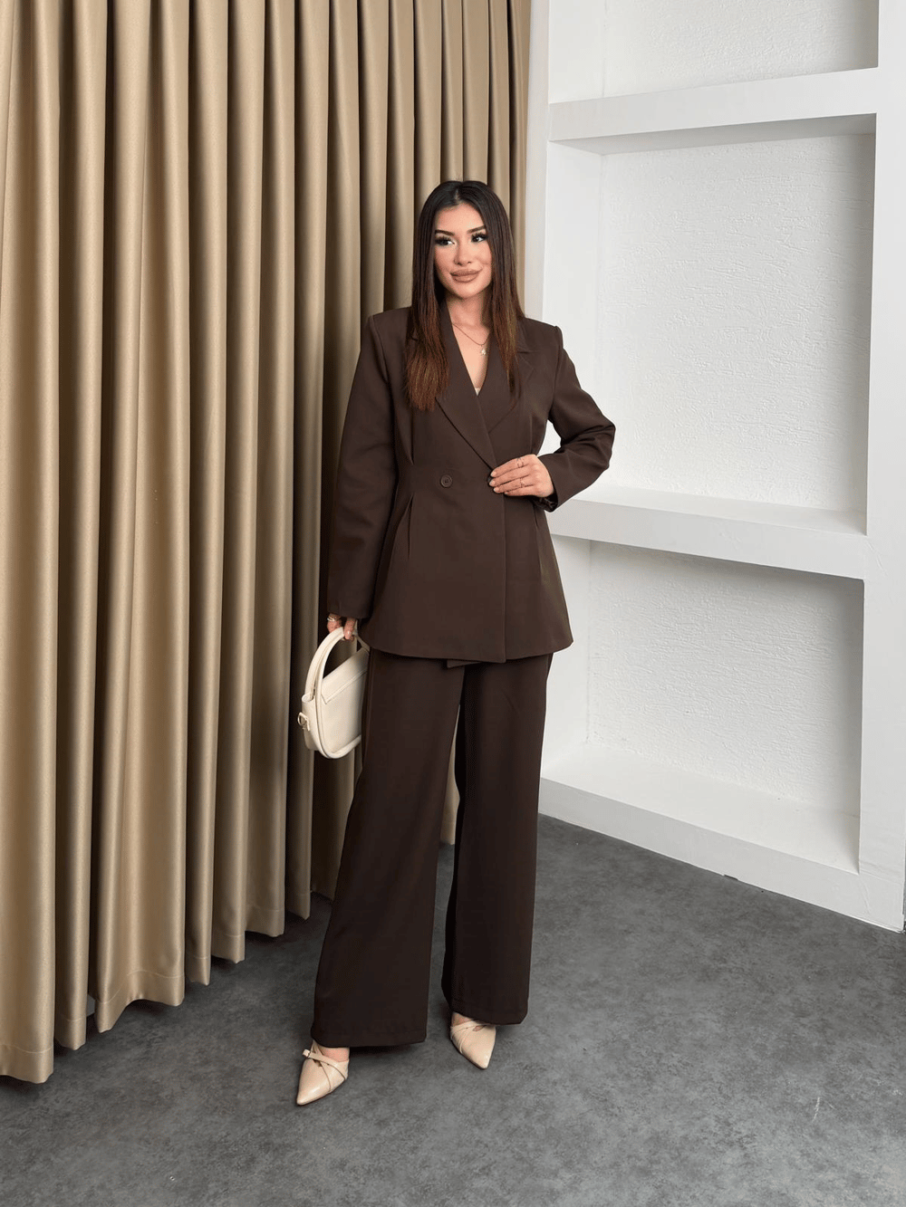 Çift Düğme Blazer Ceket Ve Pantolonlu Takım Kahve