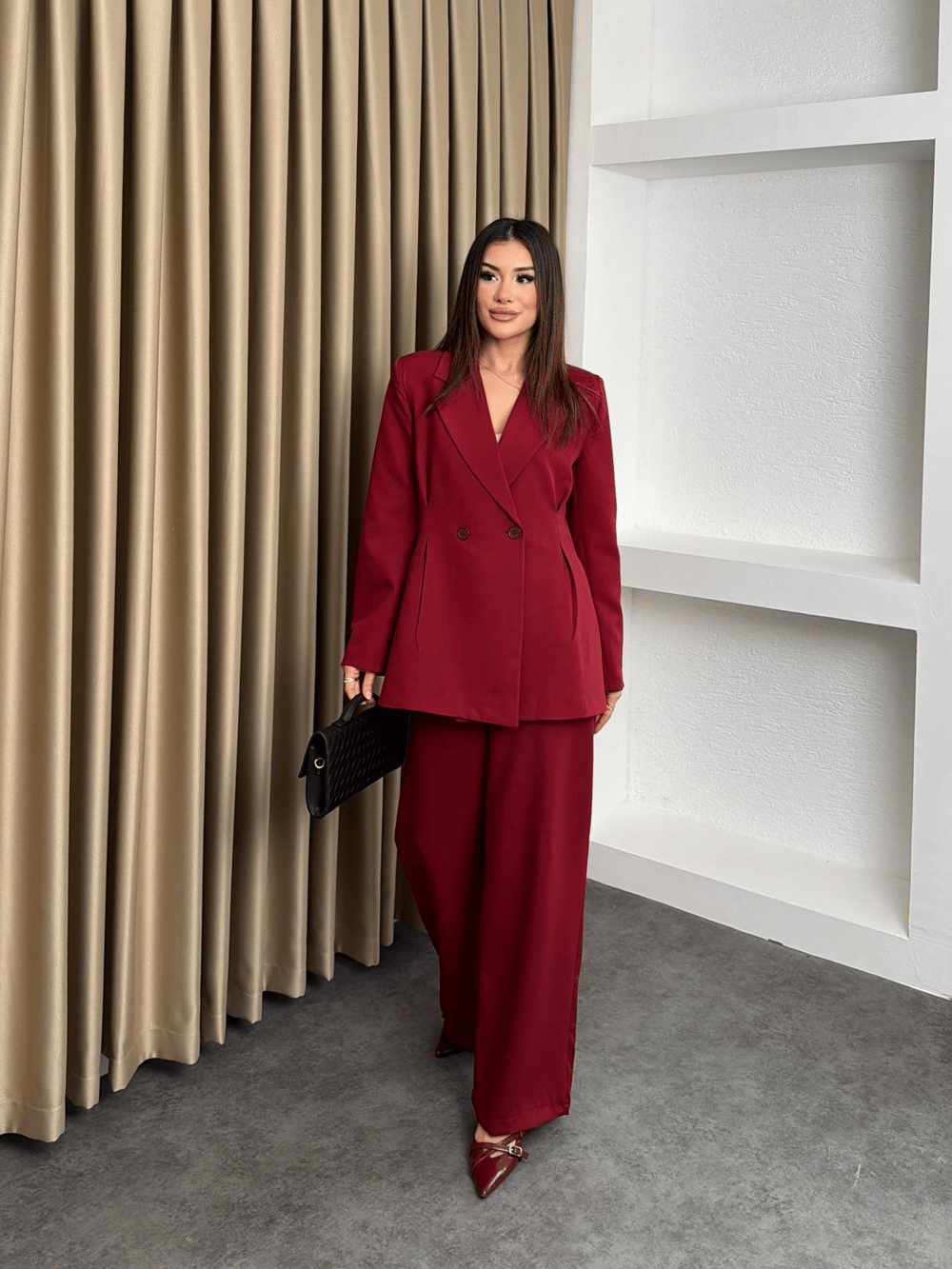 Çift Düğme Blazer Ceket Ve Pantolonlu Takım Bordo
