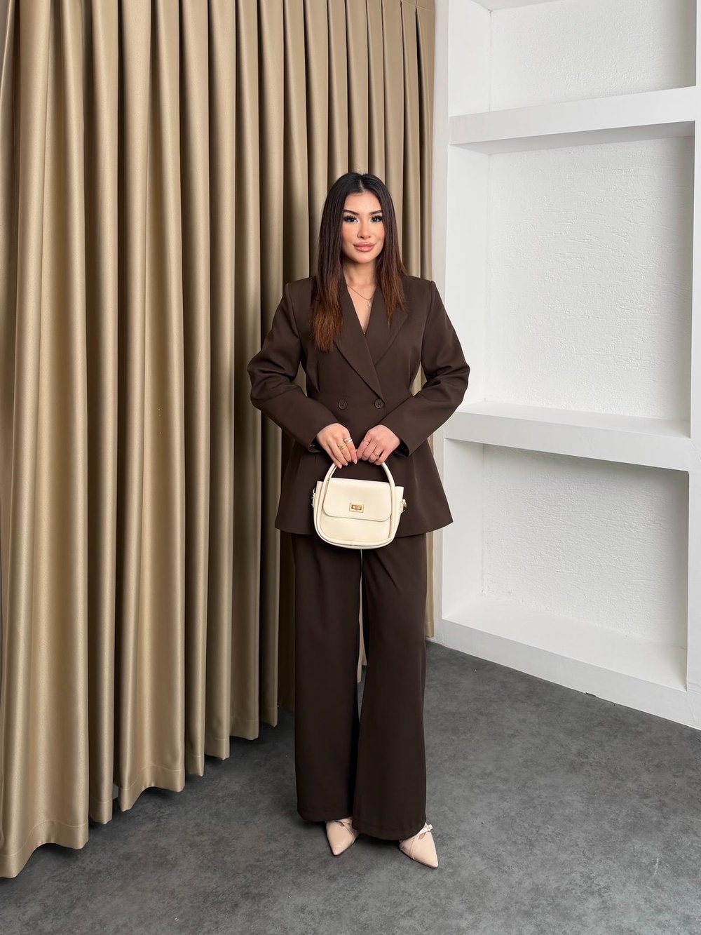 Çift Düğme Blazer Ceket Ve Pantolonlu Takım Kahve