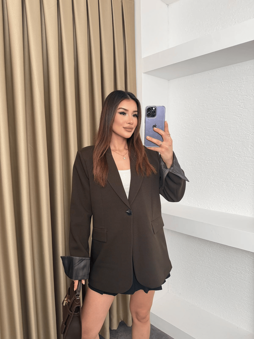 Çizgili Astar Detay Blazer Ceket Kahve