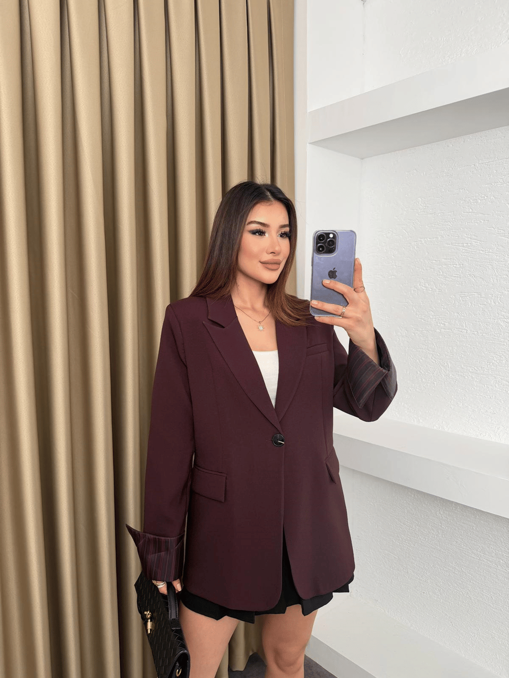 Çizgili Astar Detay Blazer Ceket Mürdüm