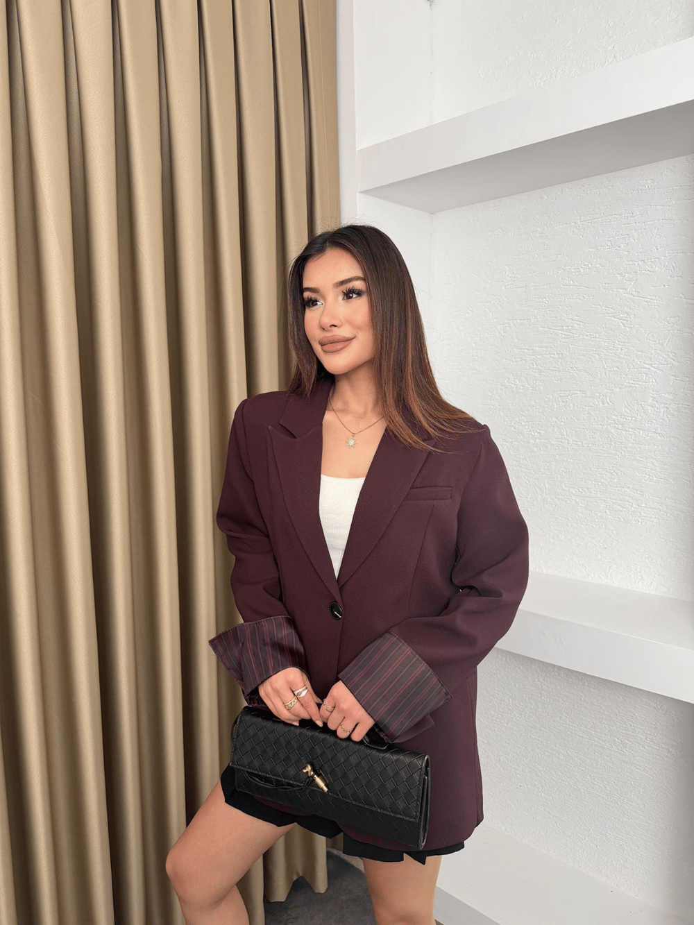 Çizgili Astar Detay Blazer Ceket Mürdüm