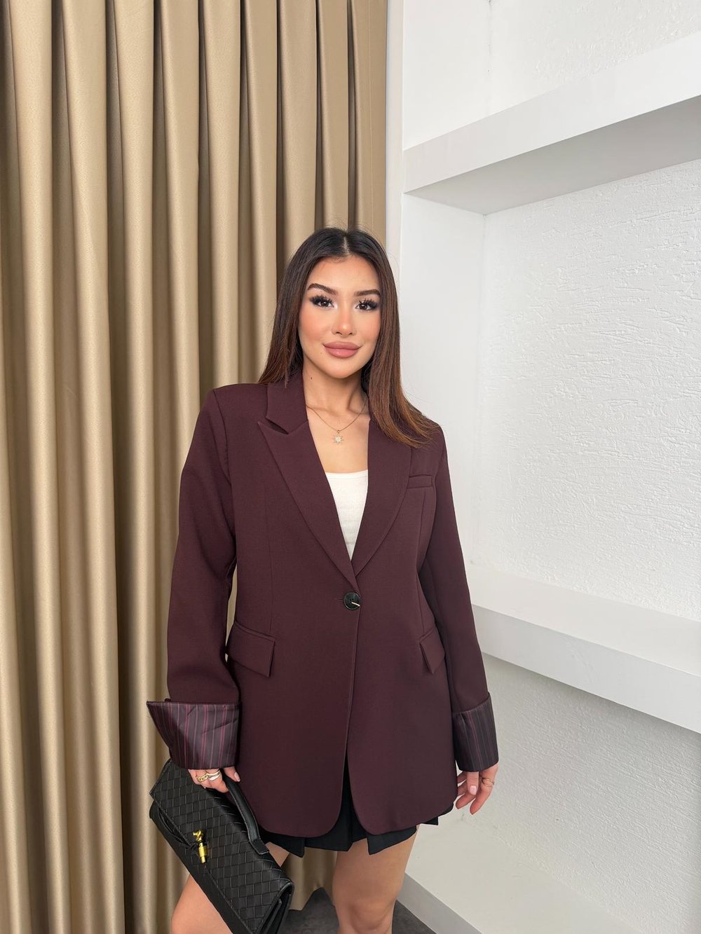 Çizgili Astar Detay Blazer Ceket Mürdüm