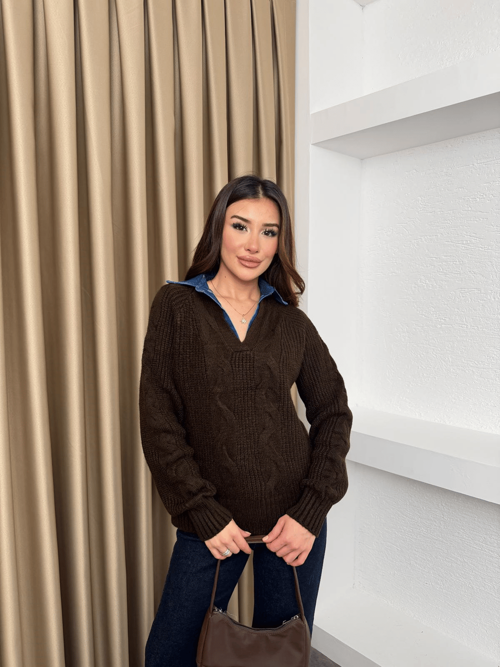 Denim Yaka Detaylı Kazak Kahve