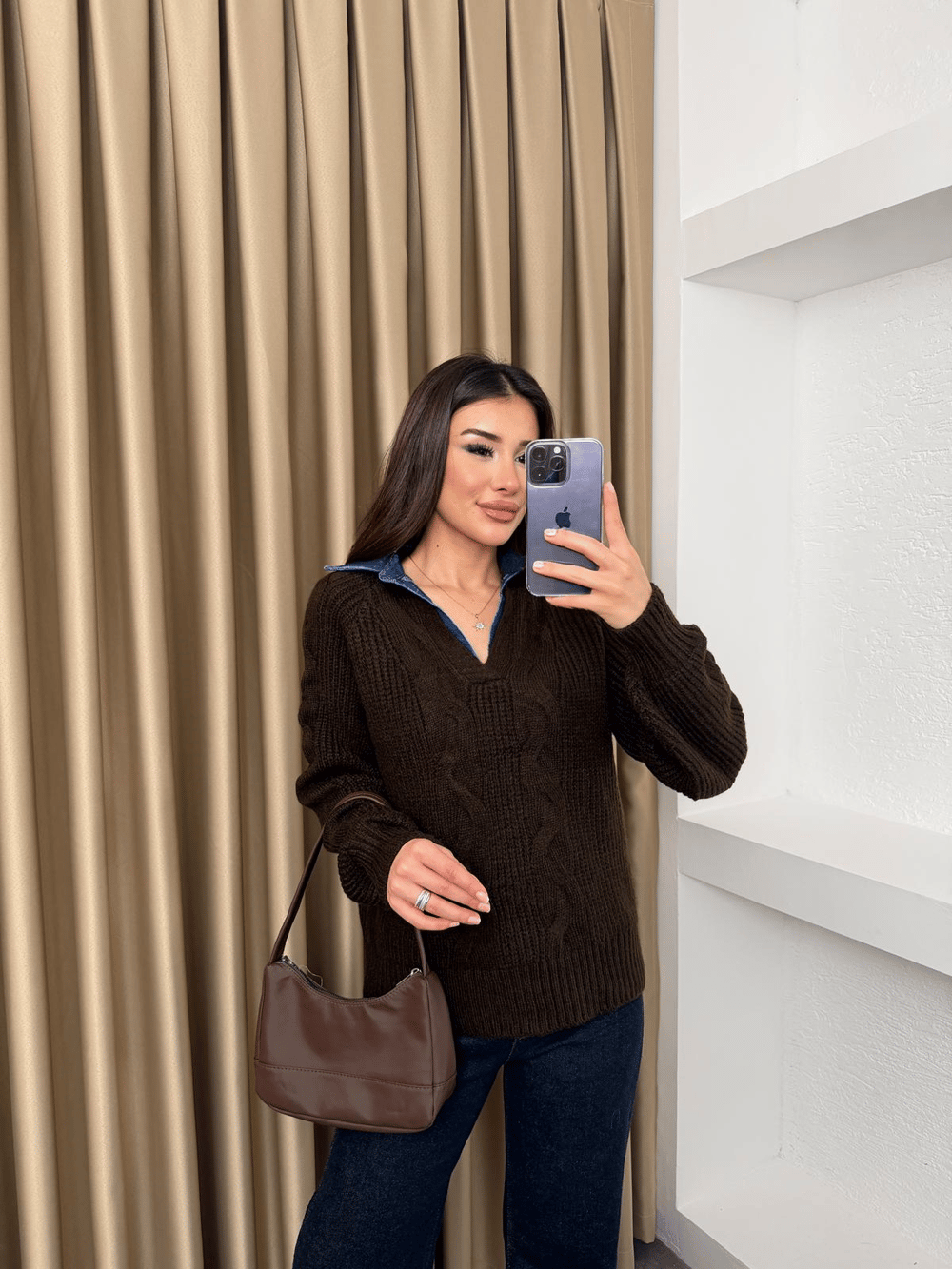 Denim Yaka Detaylı Kazak Kahve