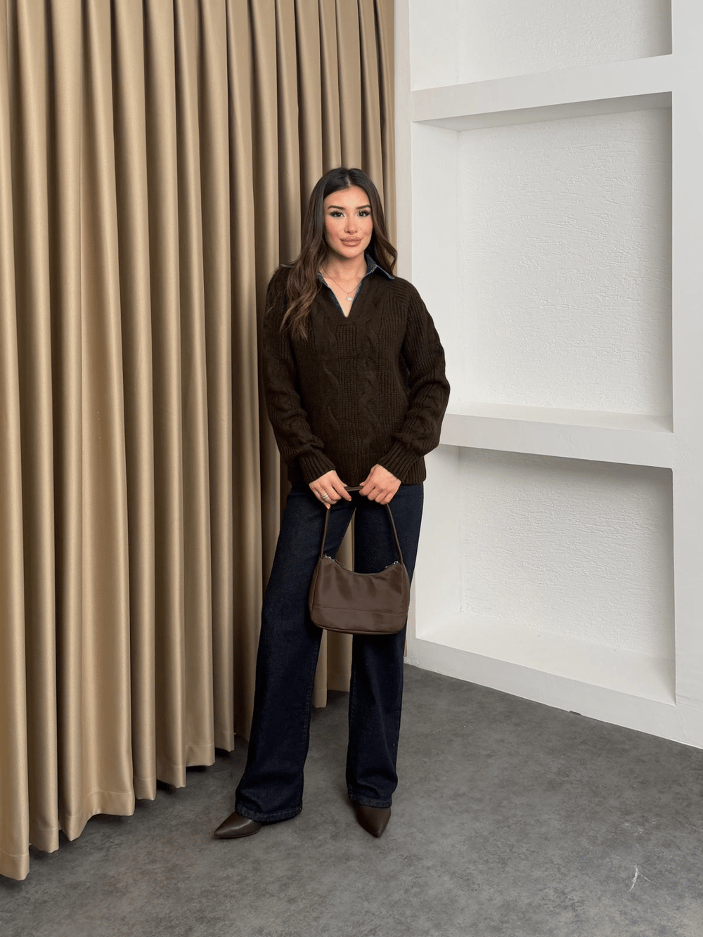 Denim Yaka Detaylı Kazak Kahve