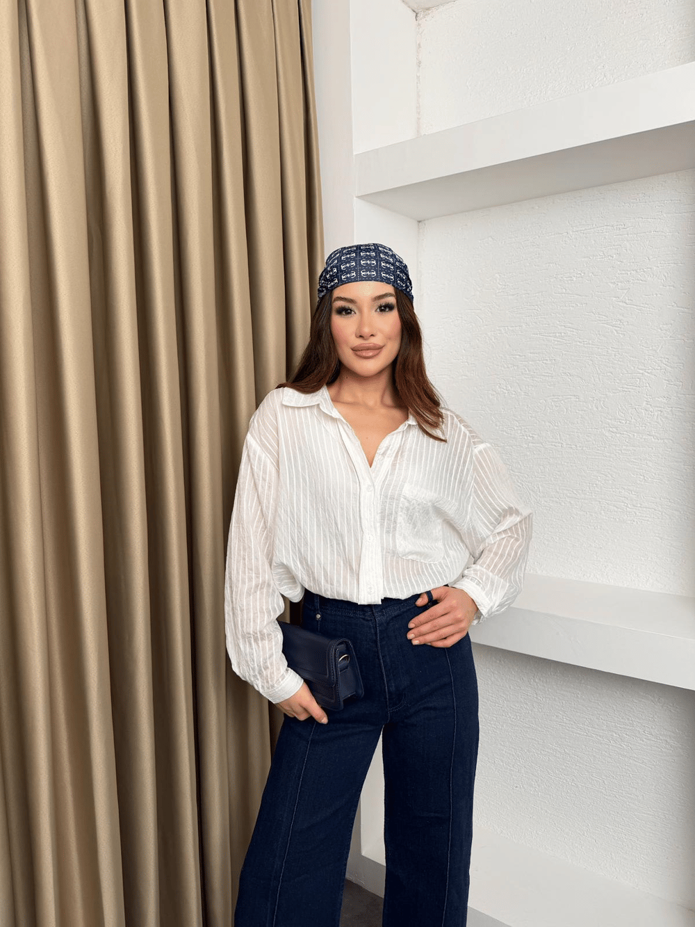 Oversize Cep Detaylı Çizgili Gömlek Beyaz