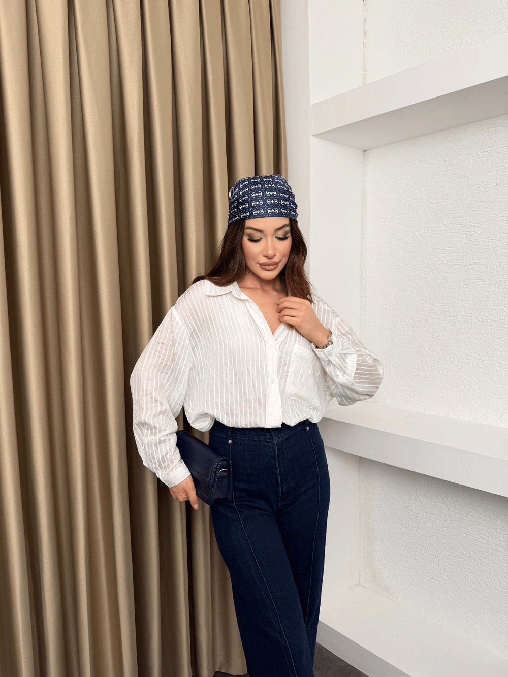 Oversize Cep Detaylı Çizgili Gömlek Beyaz
