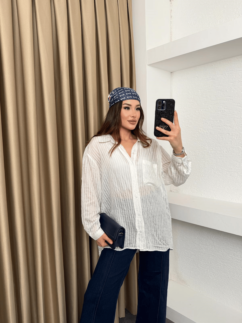 Oversize Cep Detaylı Çizgili Gömlek Beyaz