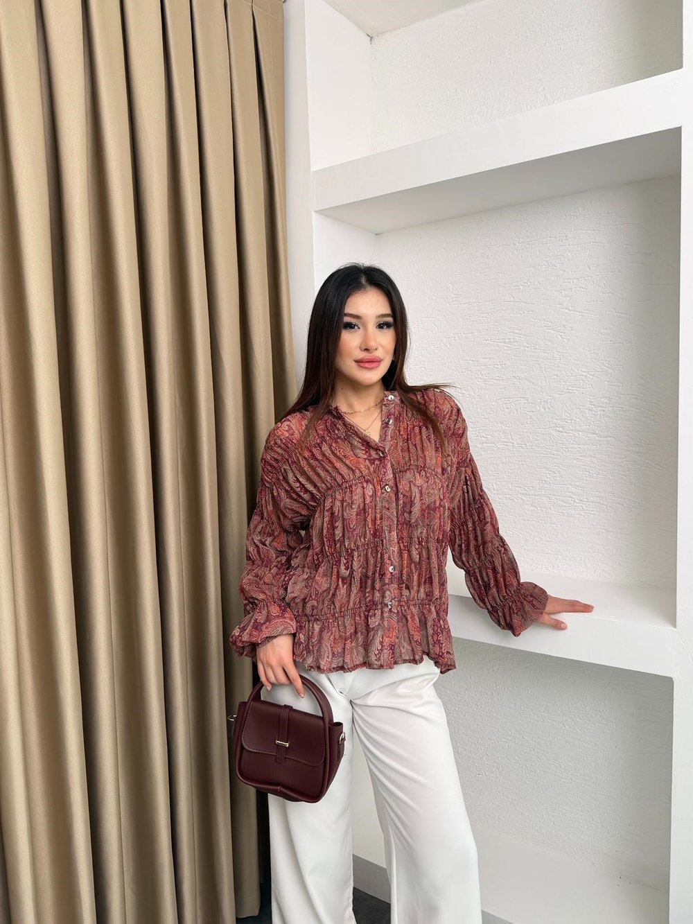 Şal Desenli Şifon Gömlek Bordo