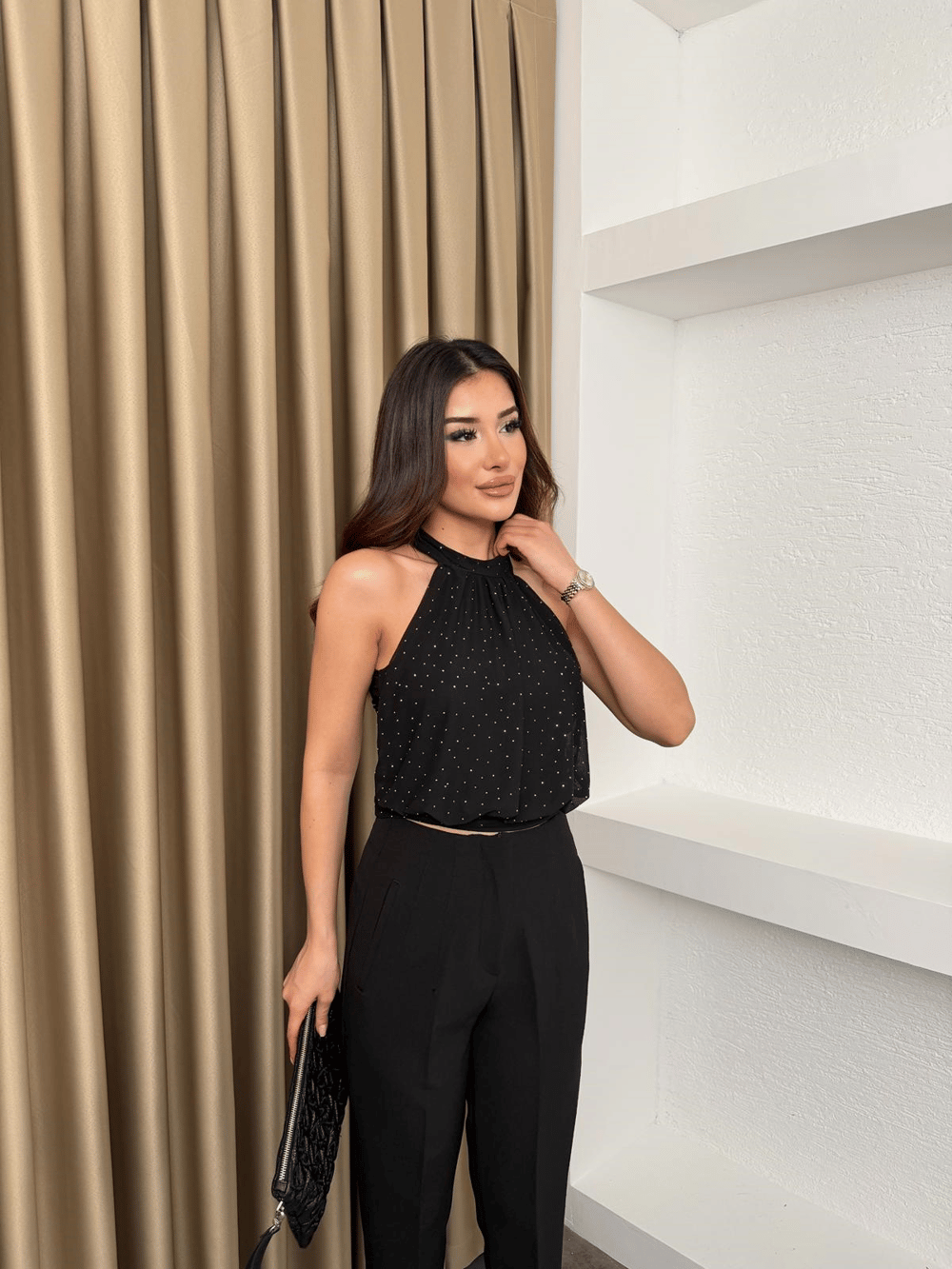 Taş Detaylı Halter Yaka Bluz Siyah