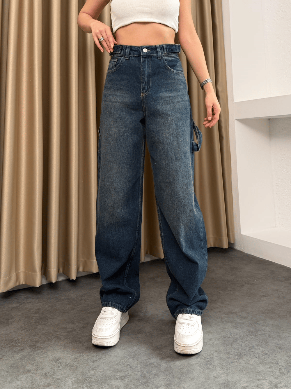 Yıkama Efektli Baggy Jean Koyu Mavi