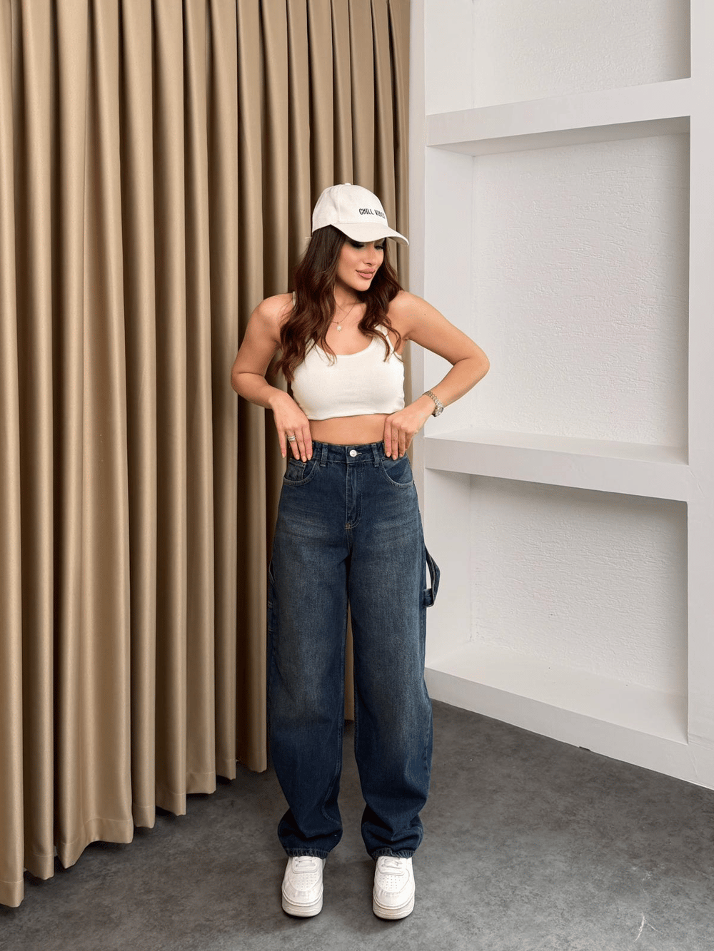 Yıkama Efektli Baggy Jean Koyu Mavi