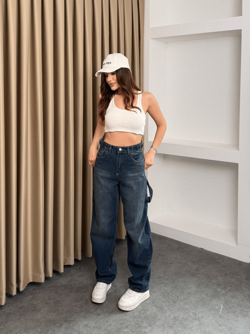 Yıkama Efektli Baggy Jean Koyu Mavi