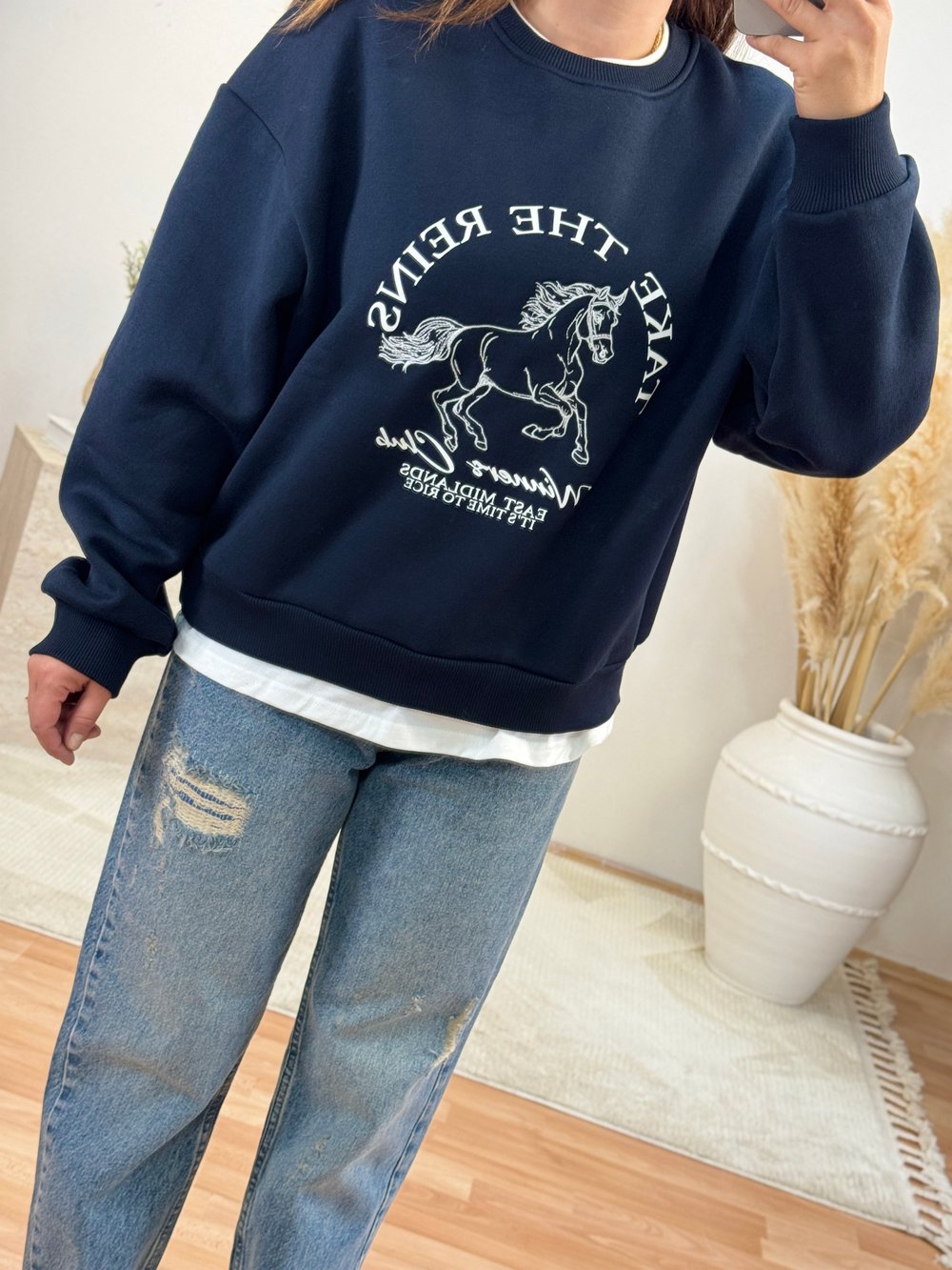 At Baskılı Detaylı Sweatshirt-Lacivert