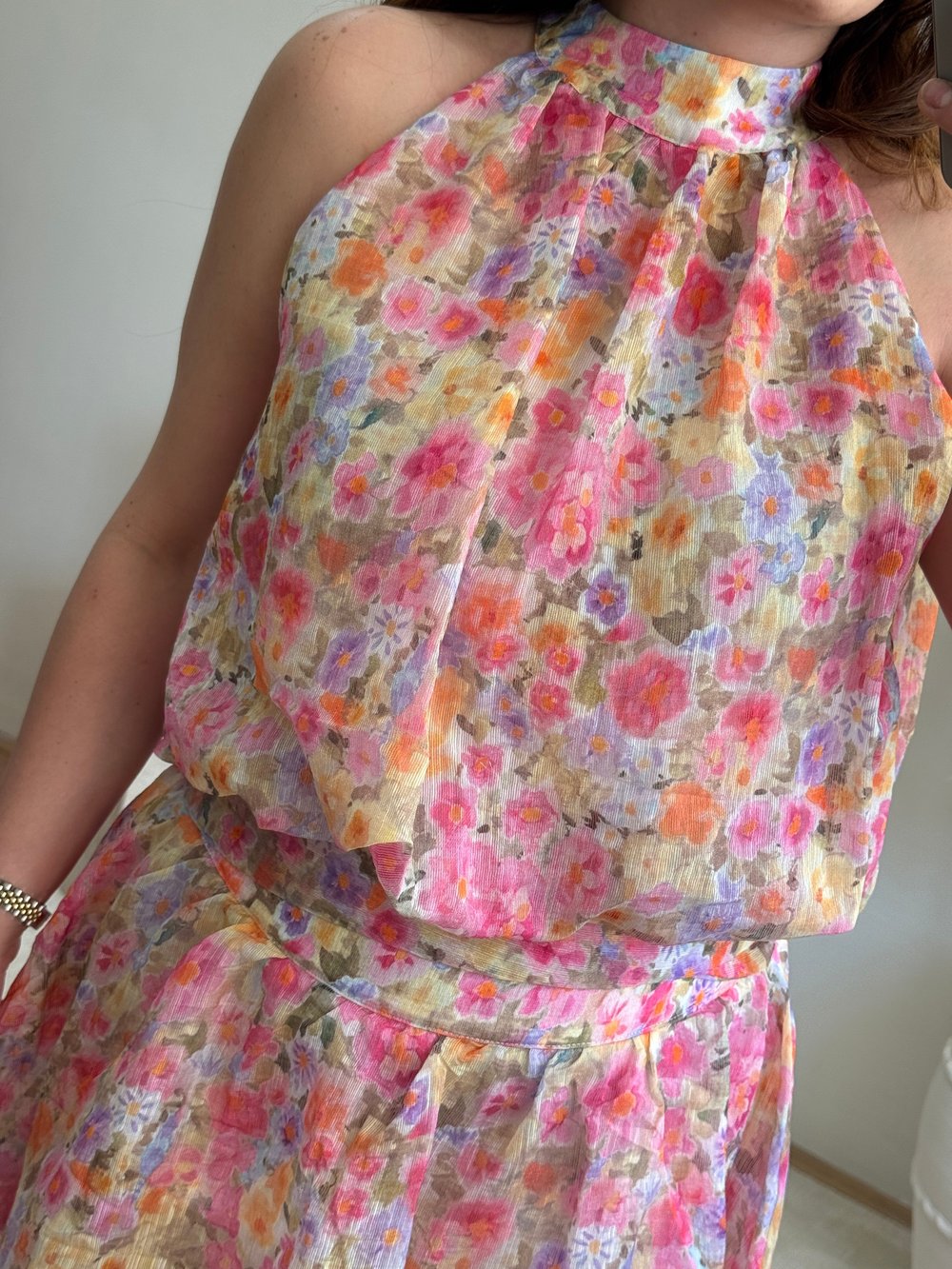 Çiçek Desenli Halter Yaka Bluz Pembe