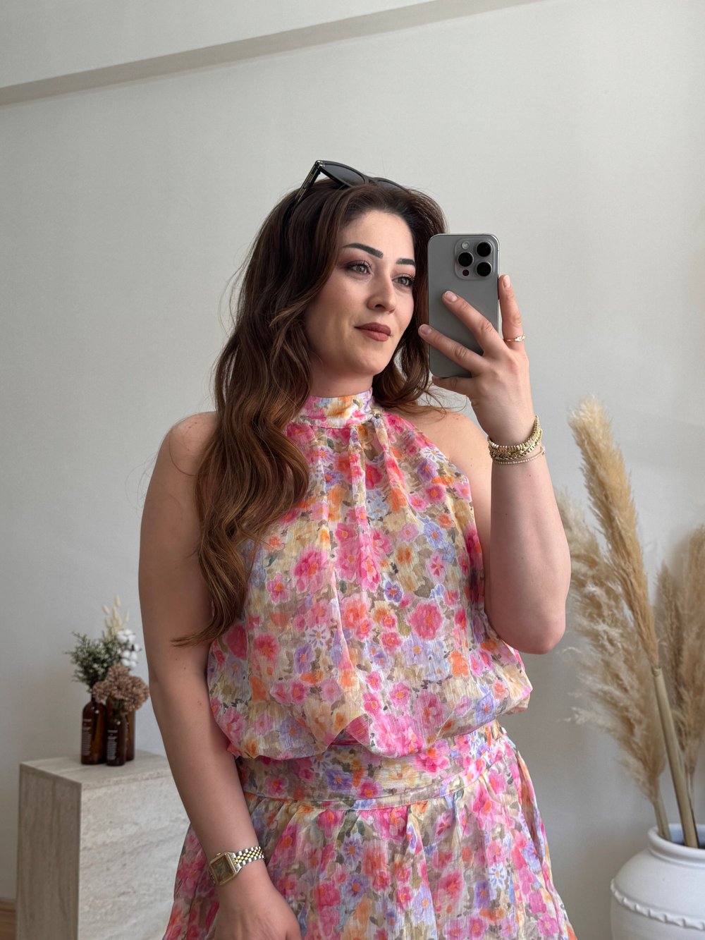 Çiçek Desenli Halter Yaka Bluz Pembe