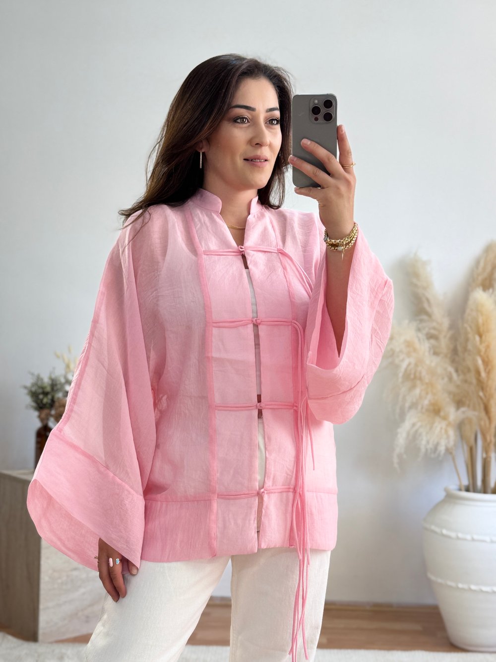 Çin Yaka Bağlama Detaylı Bluz-Pembe