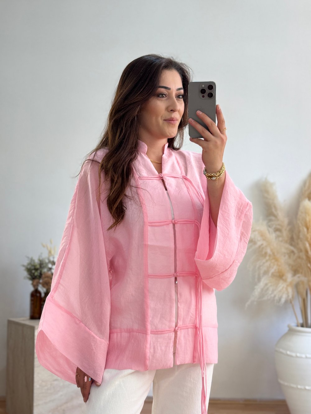 Çin Yaka Bağlama Detaylı Bluz-Pembe