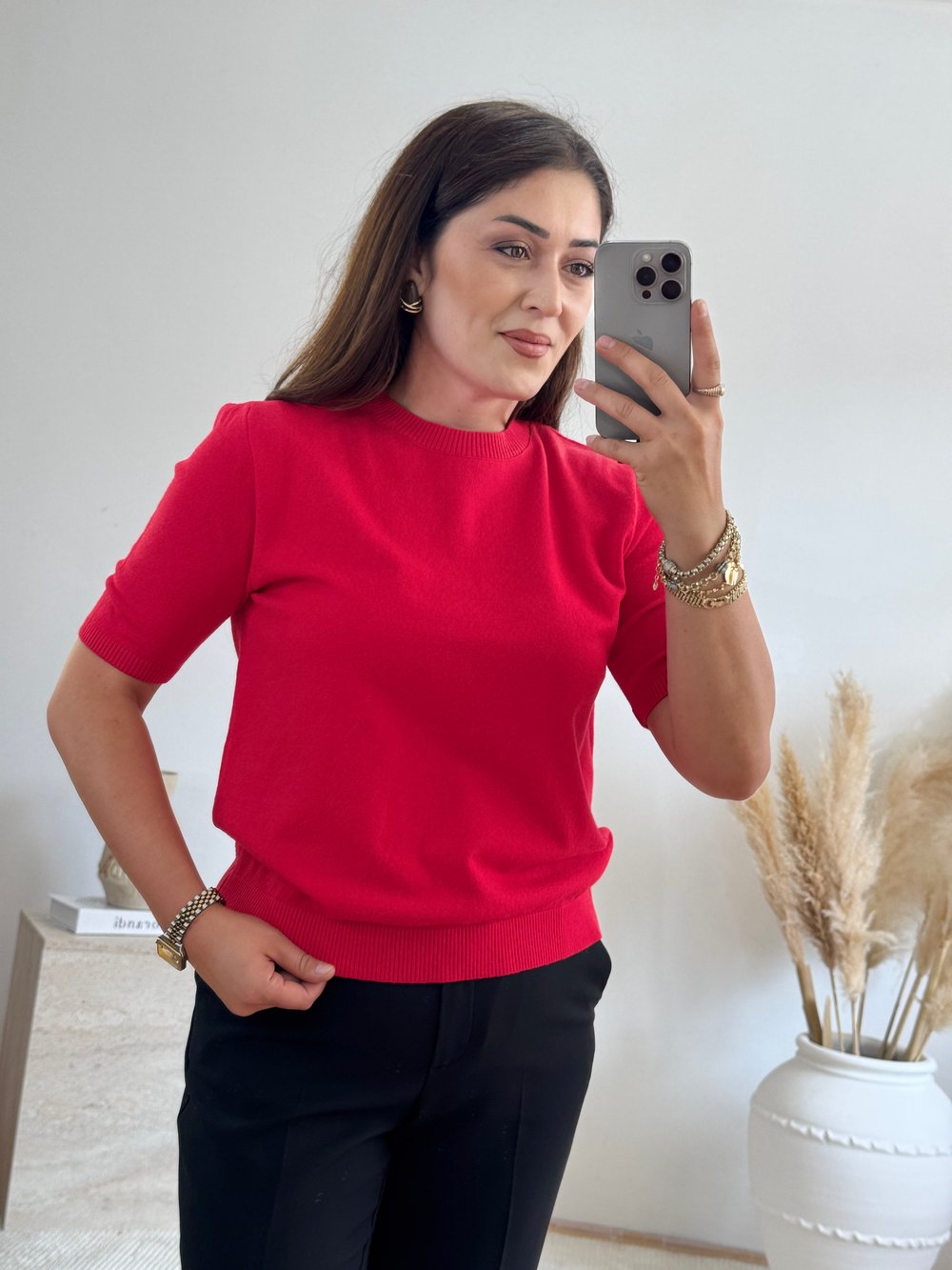 Çizgili Şal Detaylı Triko Bluz-Kırmızı