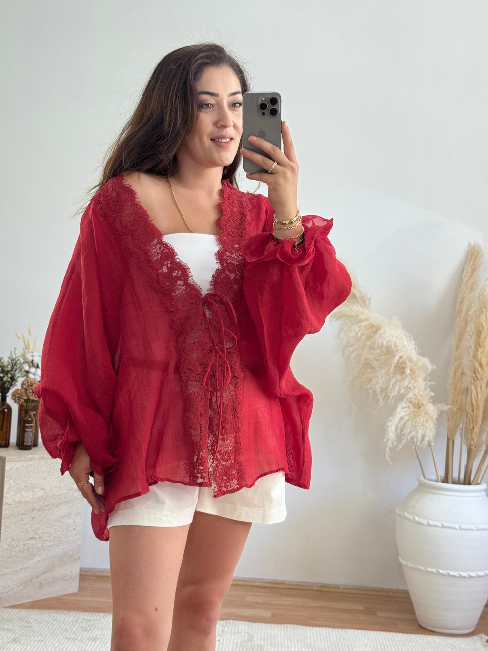 Dantel Detaylı Bağlamalı Kimono – Kırmızı