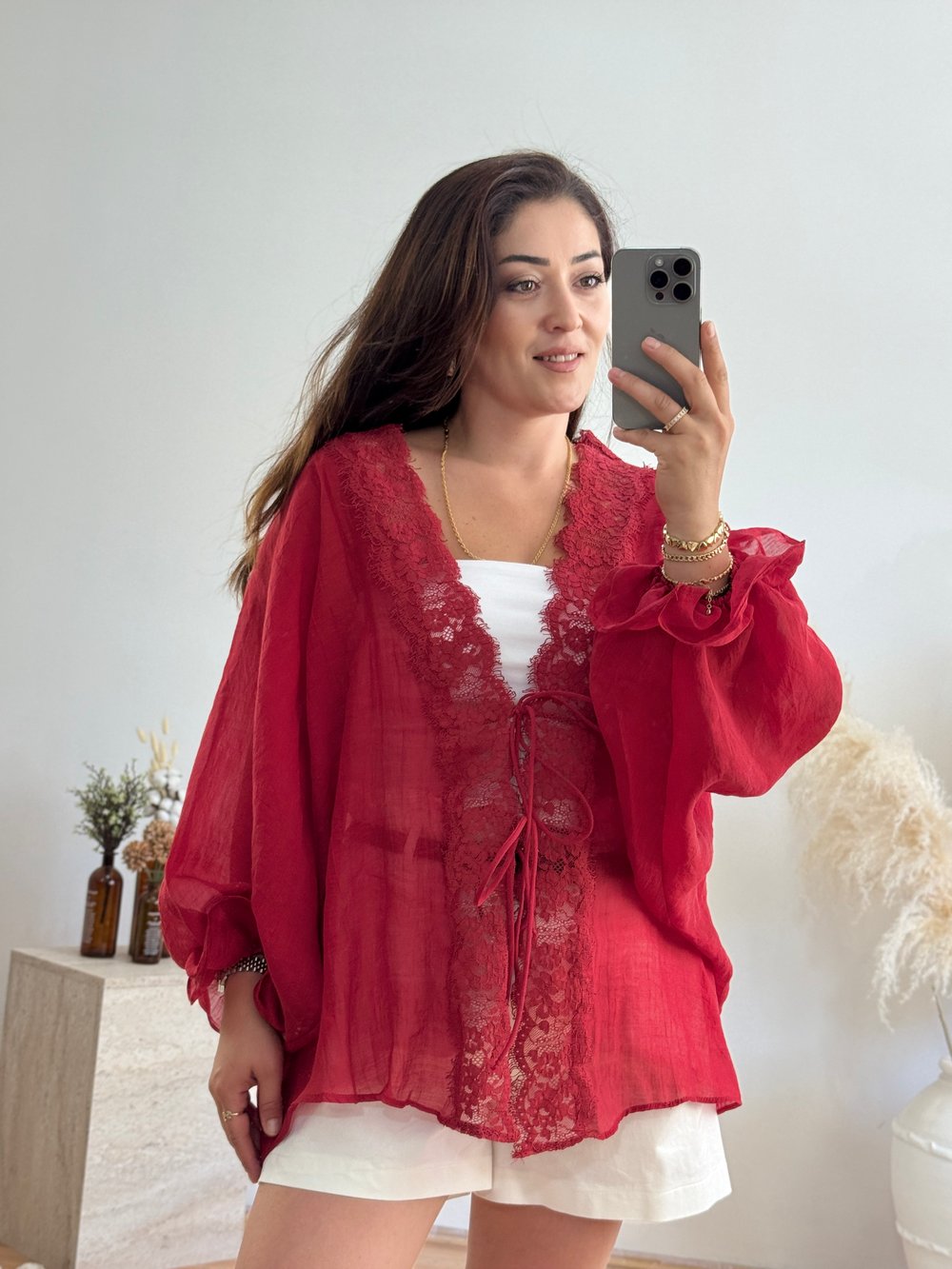 Dantel Detaylı Bağlamalı Kimono – Kırmızı