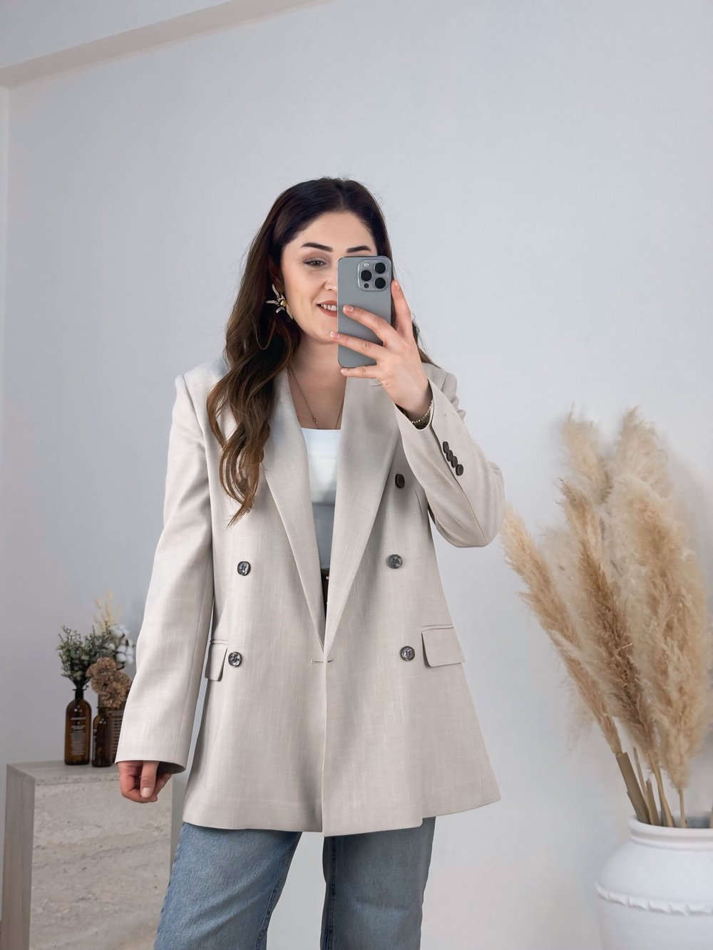 Dilvin Kruvaze Detaylı Blazer Ceket-Taş