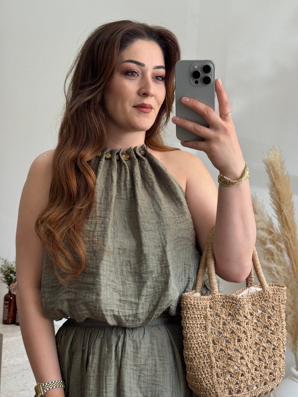 Doğal Dokulu Halter Yaka Bluz-Haki