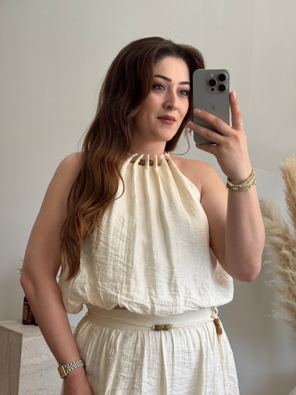 Doğal Dokulu Halter Yaka Bluz-Ekru