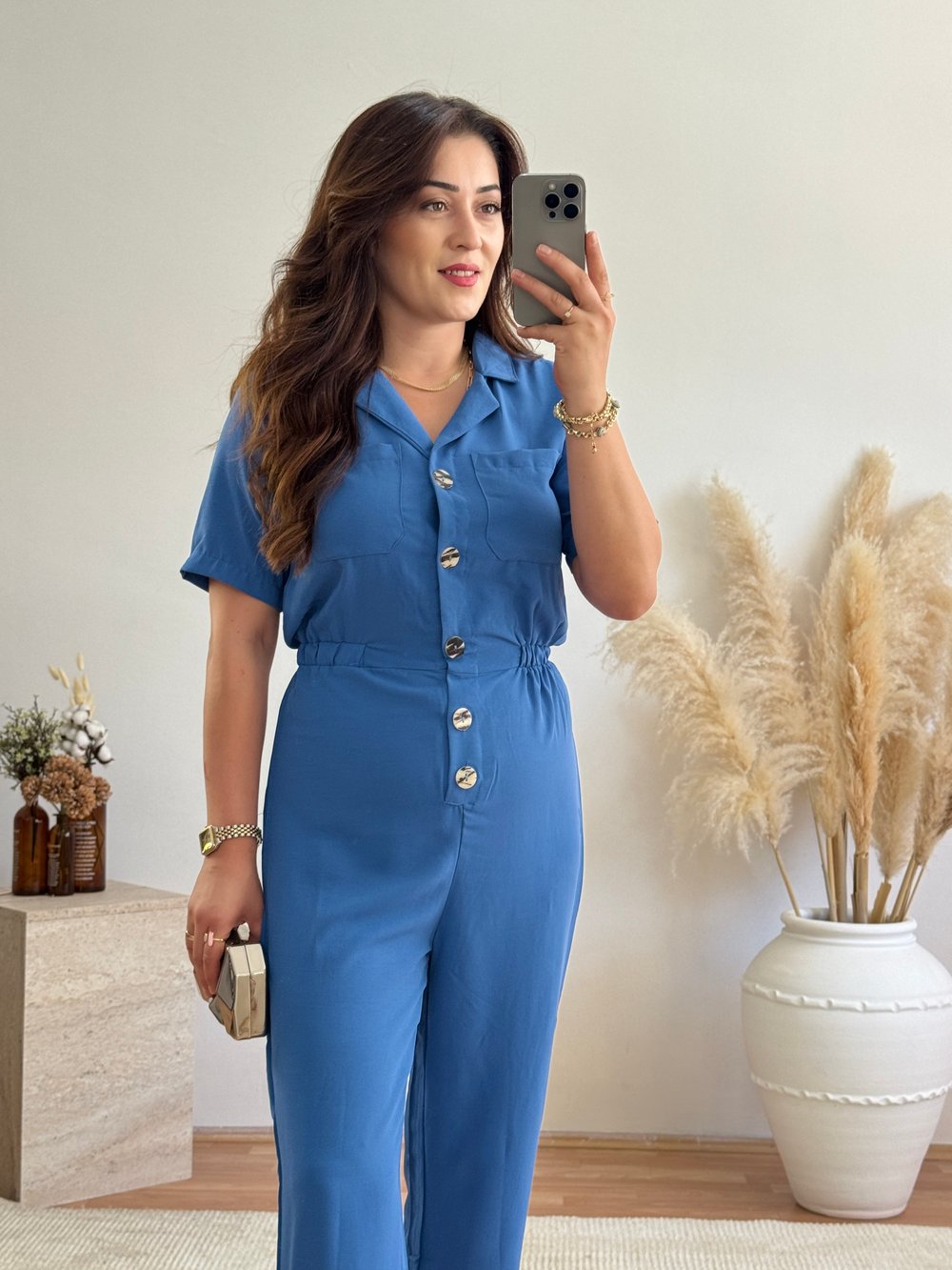 Düğme Detaylı Bel Lastikli Tulum-Mavi