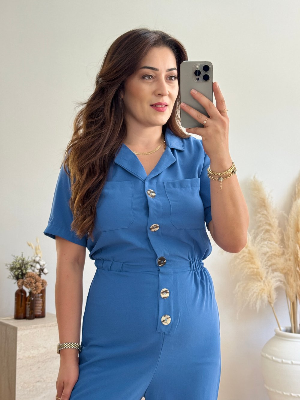 Düğme Detaylı Bel Lastikli Tulum-Mavi