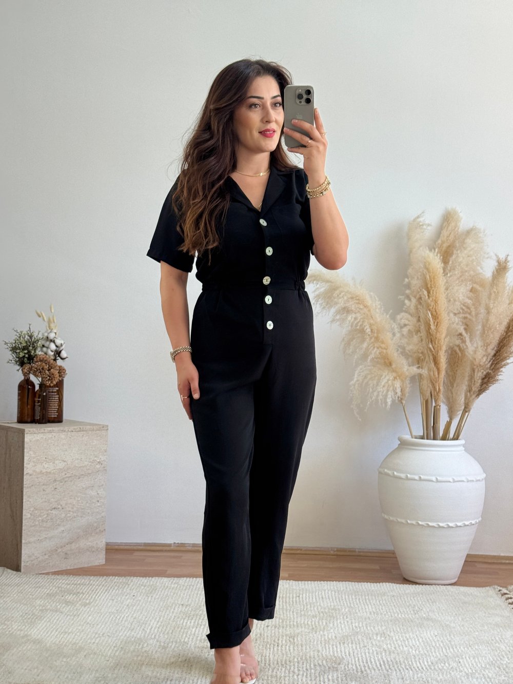 Düğme Detaylı Bel Lastikli Tulum-Siyah
