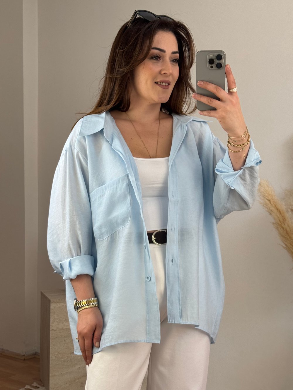 Düşük Omuz Oversize Gömlek- Bebe Mavi