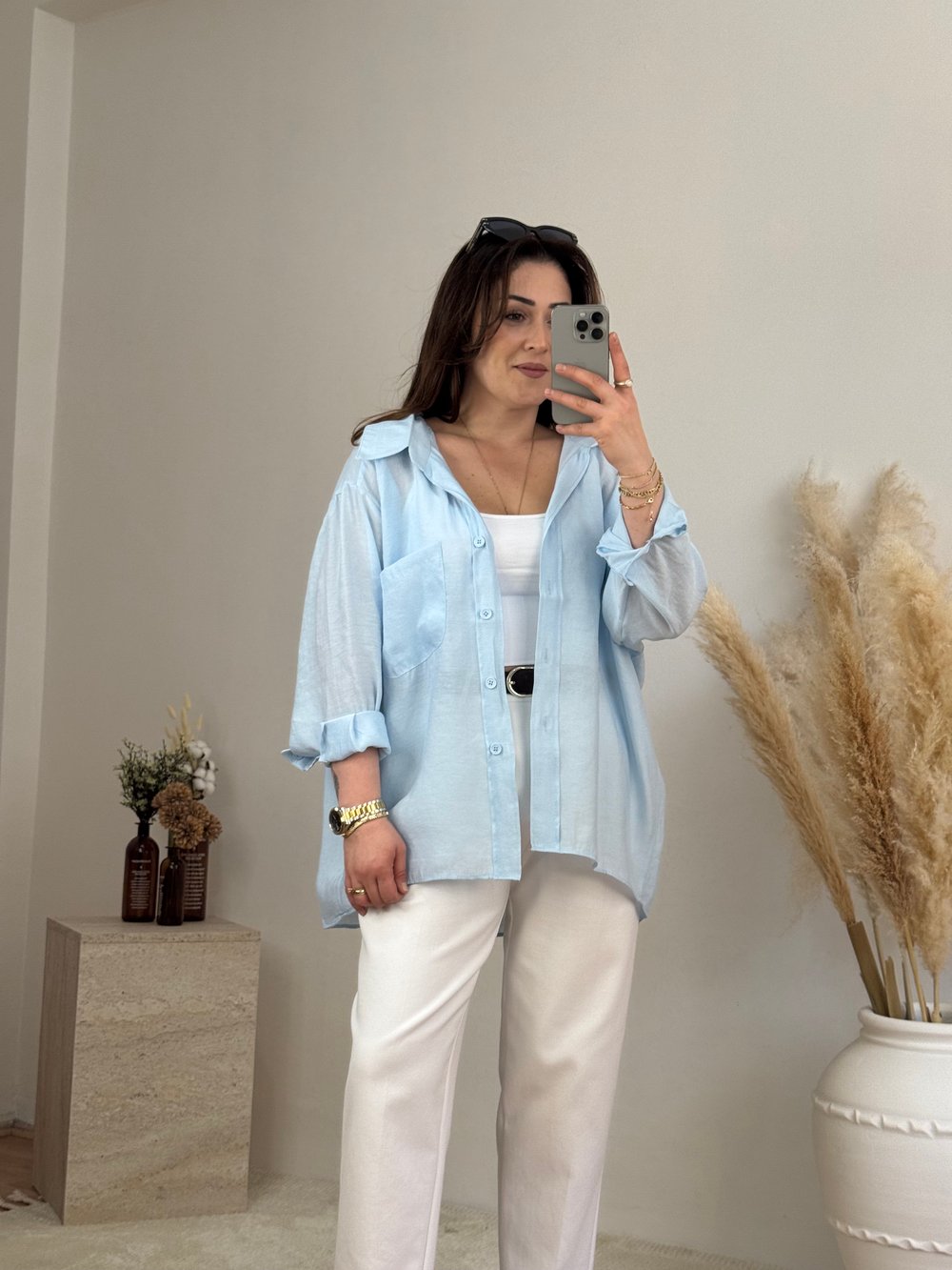 Düşük Omuz Oversize Gömlek- Bebe Mavi
