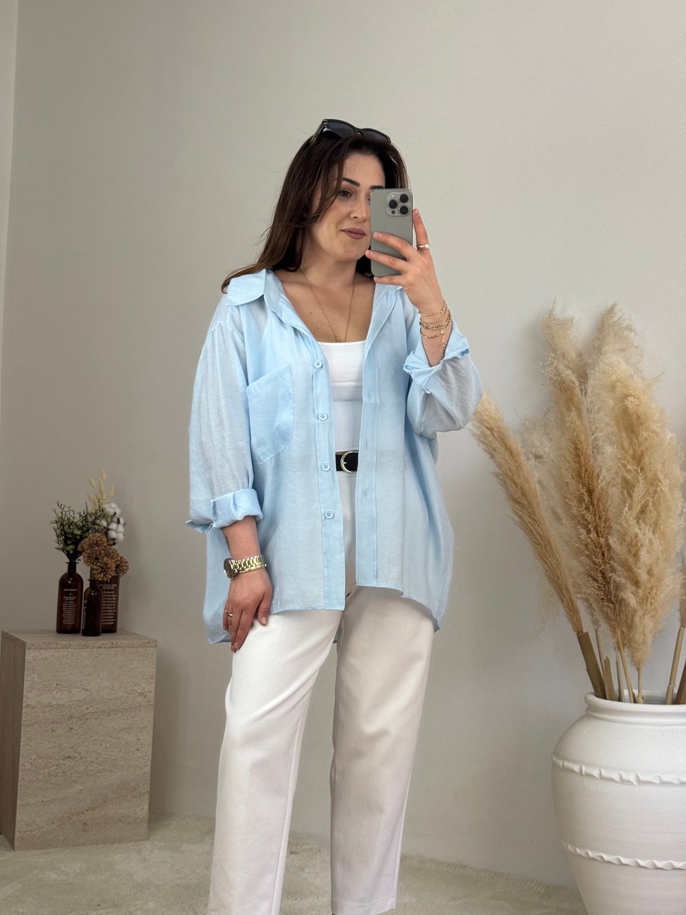 Düşük Omuz Oversize Gömlek- Bebe Mavi