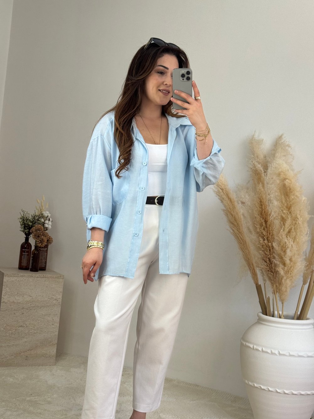 Düşük Omuz Oversize Gömlek- Bebe Mavi