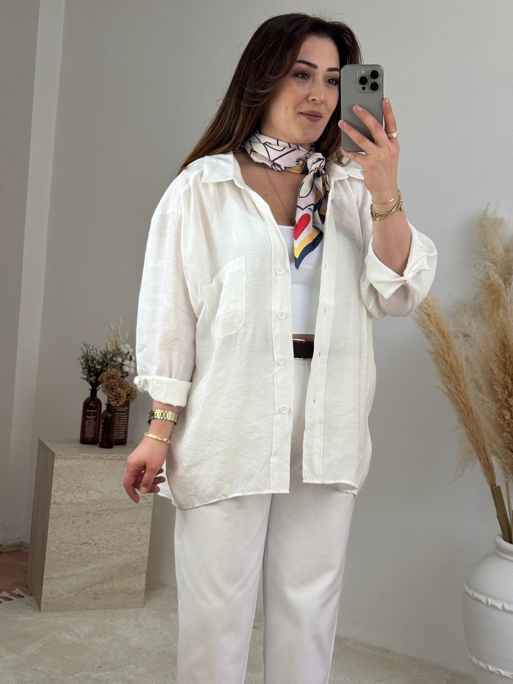 Düşük Omuz Oversize Gömlek- Beyaz