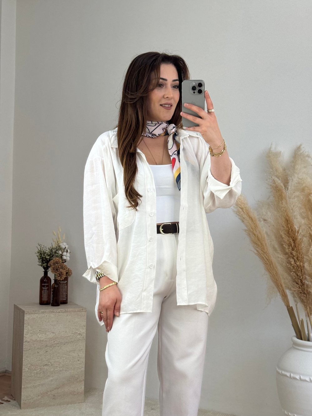 Düşük Omuz Oversize Gömlek- Beyaz