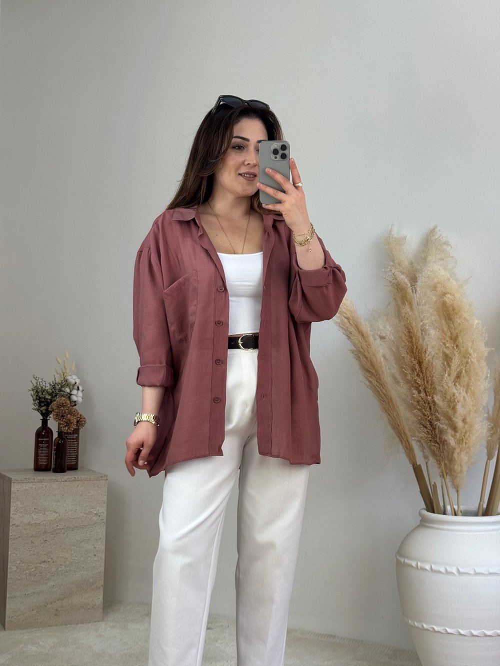 Düşük Omuz Oversize Gömlek- Gül Kurusu