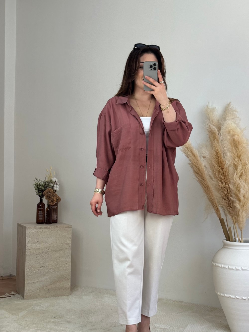 Düşük Omuz Oversize Gömlek- Gül Kurusu