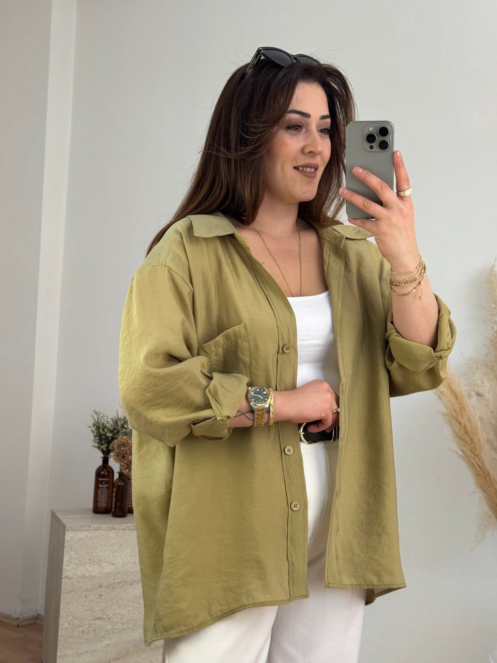 Düşük Omuz Oversize Gömlek- Haki Yeşil