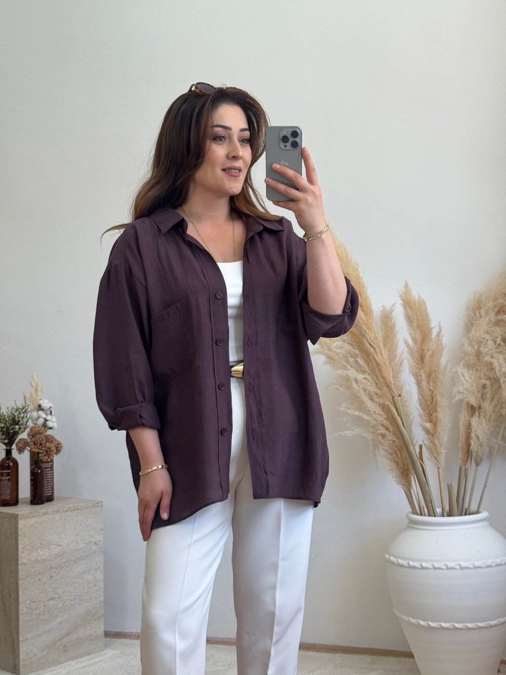 Düşük Omuz Oversize Gömlek-Mürdüm