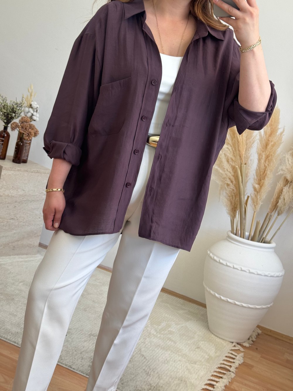 Düşük Omuz Oversize Gömlek-Mürdüm
