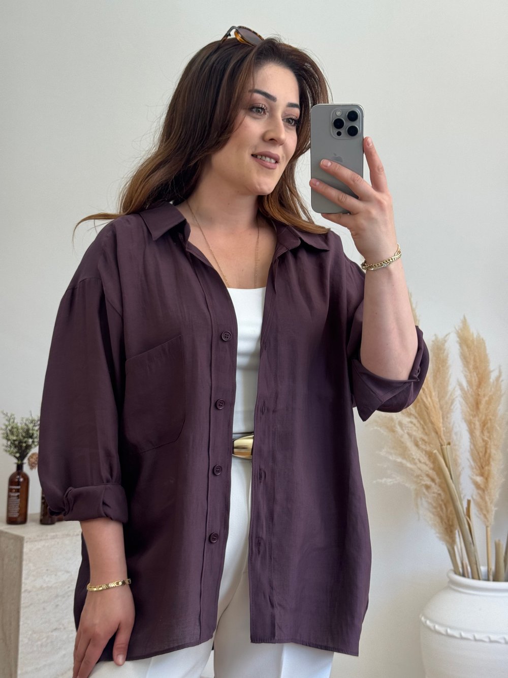 Düşük Omuz Oversize Gömlek-Mürdüm