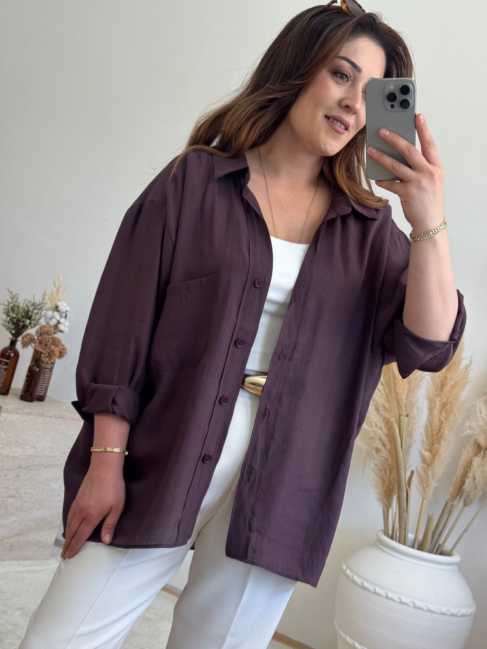 Düşük Omuz Oversize Gömlek-Mürdüm